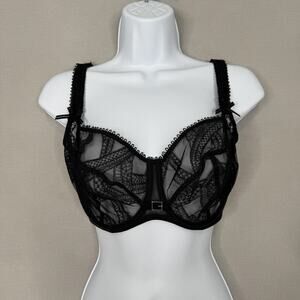 Empreinte Gustave Underwire Low Neck Bra Womens 32F Black Lace Embroidered Tulle